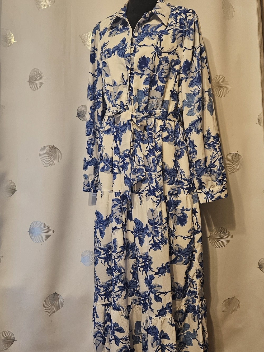 SHEIN floral blue dress belted waist  layered hem Clasi  XL  Holiday Style Maxi